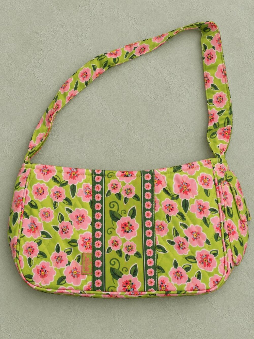 Maggi B Quilted Floral Purse Small Green Pink Flowers Shoulder Bag